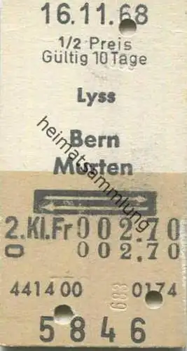 Schweiz - Lyss Bern Murten und zurück - Fahrkarte 1968 1/2 Preis