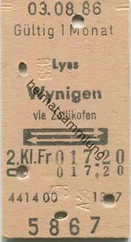 Schweiz - Lyss Wynigen via Zollikofen und zurück - Fahrkarte 1986