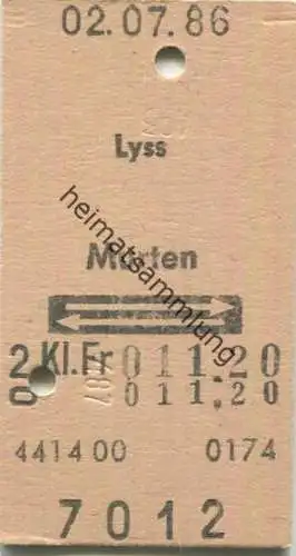 Schweiz - Lyss Murten und zurück - Fahrkarte 1986