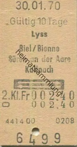 Schweiz - Lyss Biel / Bienne Büren an der Aare Kallnach und zurück - Fahrkarte 1970