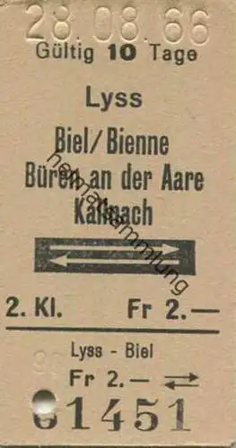 Schweiz - Lyss Biel / Bienne Büren an der Aare Kallnach und zurück - Fahrkarte 1966