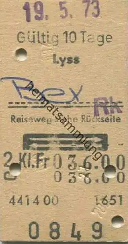 Schweiz - Lyss Bex Reiseweg siehe Rückseite via Biel Bern oder Moudon Lausanne und zurück - Fahrkarte 1986 Stempel: Gepä