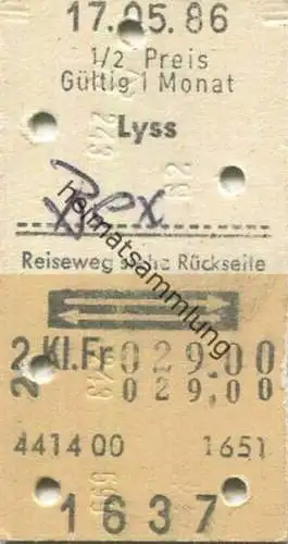 Schweiz - Lyss Bex Reiseweg siehe Rückseite via Biel Bern oder Moudon Lausanne und zurück - Fahrkarte 1986 1/2 Preis