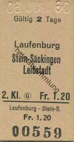 Schweiz - Laufenburg Stein-Säckingen Leibstadt - Fahrkarte 1960