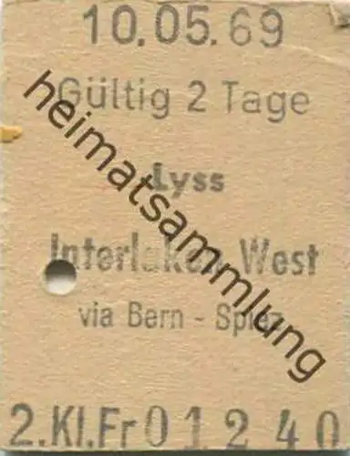 Schweiz - Lyss Interlaken West via Bern Spiez - Fahrkarte 1969