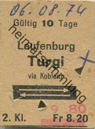 Schweiz - Laufenburg Turgi via Koblenz und zurück - Fahrkarte 1974 1/2 Preis