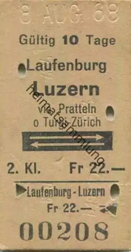 Schweiz - Laufenburg Luzern via Pratteln oder Turgi-Zürich und zurück - Fahrkarte 1968
