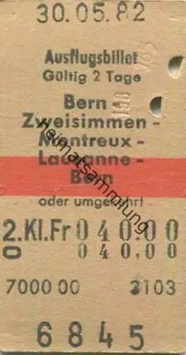 Schweiz - Ausflugsbillet - Bern Zweisimmen Montreux Lausanne Bern oder umgekehrt - Fahrkarte 1982