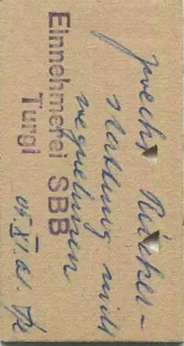 Schweiz - Turgi Basel SBB via Frick - Fahrkarte 1961 - rückseitig handschriftlich "zwecks Rückerstattung nicht wegnehmen