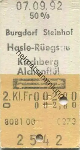 Schweiz - Burgdorf Steinhof Hasle-Rüegsau Kirchberg Alchenflüh und zurück - Fahrkarte 1992 50%