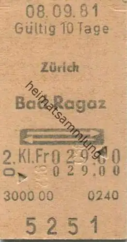 Schweiz - Zürich Bad Ragaz und zurück - Fahrkarte 1981