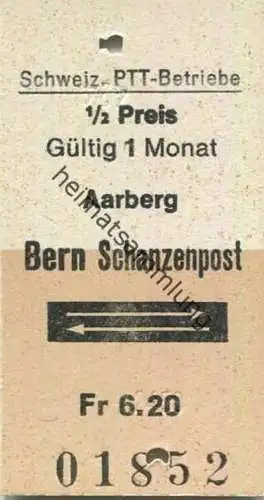 Schweiz - Schweizerische PTT-Betriebe - Aarberg Bern Schanzenpost und zurück - Fahrkarte 1/2 Preis 1987