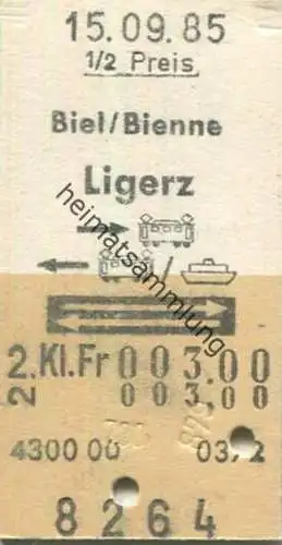 Schweiz - Biel/Bienne Ligerz hin mit Bahn zurück mit Bahn /Schiff - Fahrkarte 1985 1/2 Preis