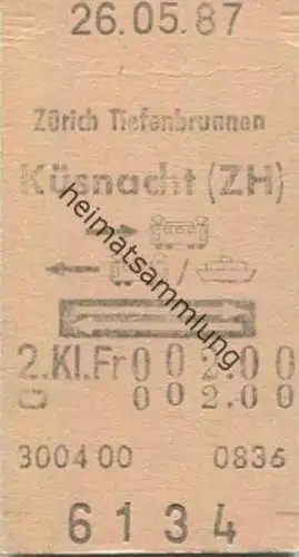 Schweiz - Zürich Tiefenbrunnen Küsnacht (ZH) mit Bahn oder Bahn Schiff und zurück - Fahrkarte 1987