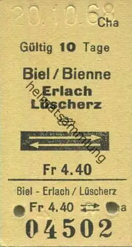 Schweiz - Biel/Bienne Erlach Lüscherz und zurück mit Schiff - Fahrkarte 1968