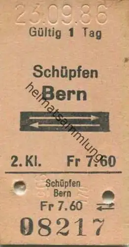 Schweiz - Schüpfen Bern und zurück - Fahrkarte 1986