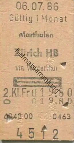 Schweiz - Marthalen Zürich via Winterthur und zurück - Fahrkarte 1986