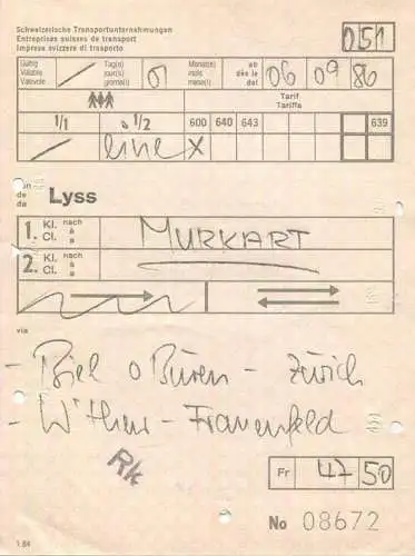 Schweiz - Schweizerische Transportunternehmungen - Lyss Murkart - Fahrschein 1986 1. Klasse