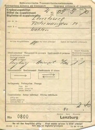 Schweiz - Schweizerische Transportunternehmungen - Ergänzungsbillet - Streckenwechel - Lenzburg Fahrwangen via Wohlen -