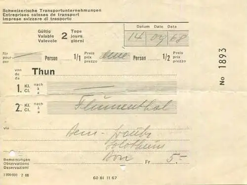 Schweiz - Schweizerische Transportunternehmungen - Thun Flumenthal - Fahrschein 1968