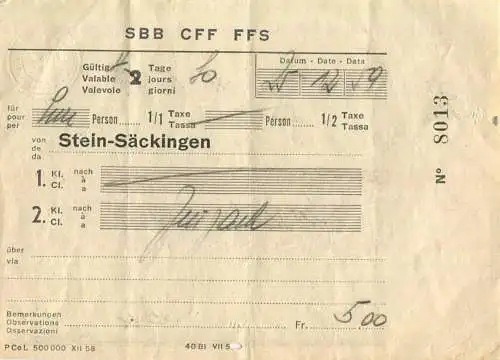 Schweiz - SBB CFF FFS - Fahrschein Zurzach Bütschwil über Winterthur Wil 1959
