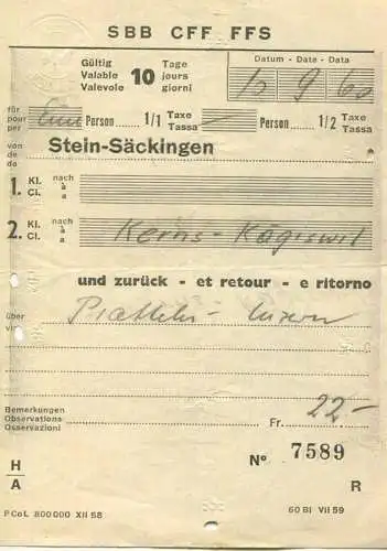 Schweiz - SBB CFF FFS - Fahrschein Fahrschein Stein-Säckingen Kerns Kägiswil und zurück über Pratteln Luzern 1960