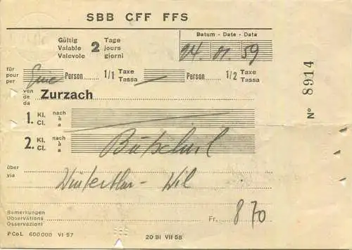 Schweiz - SBB CFF FFS - Fahrschein Stein-Säckingen Zurzach 1959