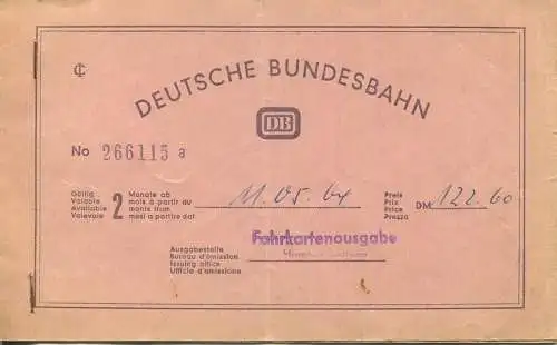 Deutschland Schweiz - Deutsche Bundesbahn - Hamburg Koblenz - Fahrschein 1964