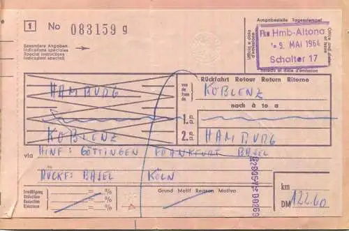 Deutschland Schweiz - Deutsche Bundesbahn - Hamburg Koblenz - Fahrschein 1964