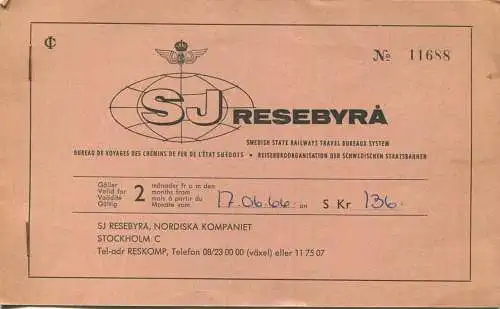 Schweden - SJ Resebyra - Stockholm Hamburg - Fahrschein 1966