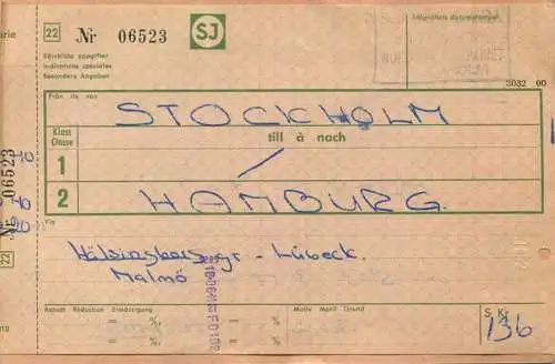 Schweden - SJ Resebyra - Stockholm Hamburg - Fahrschein 1966