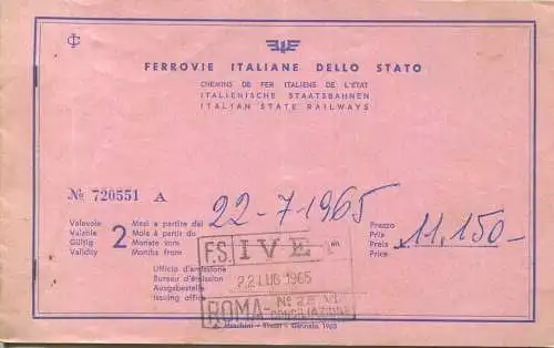 Italien - Ferrovie Italiane dello Stato - Roma Venezia Venezia Zürich - Fahrschein 1965