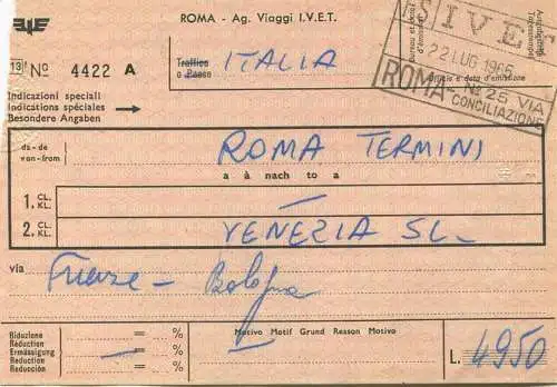 Italien - Ferrovie Italiane dello Stato - Roma Venezia Venezia Zürich - Fahrschein 1965