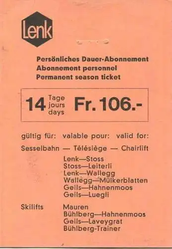 Schweiz - Lenk Sesselbahnen Skilifts - Persönliches Dauer-Abonnement 14 Tage 1967 - Fahrkarte