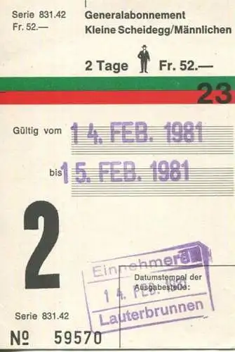 Schweiz - Generalabonnement - Kleine Scheidegg Männlichen - Fahrkarte 1981