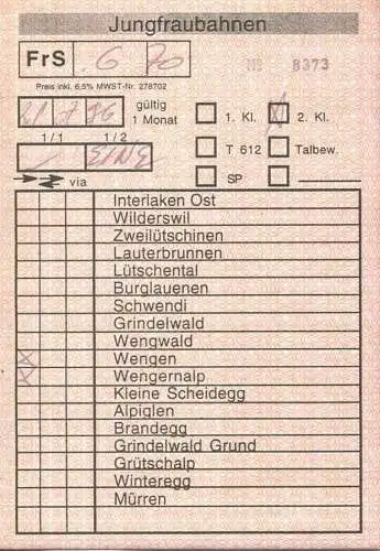 Schweiz - Jungfraubahnen - Fahrkarte 1996