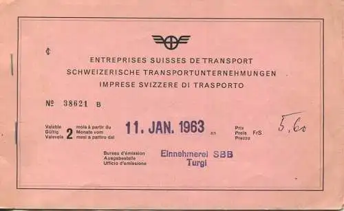 Schweiz - Schweizerische Transportunternehmungen - Milano Chiasso - Fahrschein 1963 Einnehmerei SBB Turgi