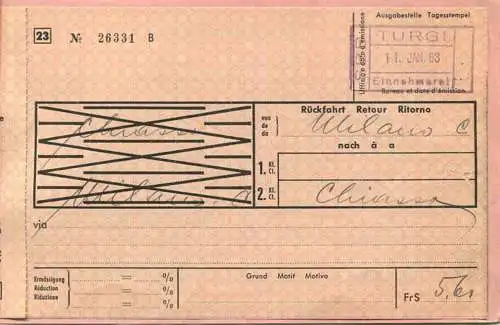 Schweiz - Schweizerische Transportunternehmungen - Milano Chiasso - Fahrschein 1963 Einnehmerei SBB Turgi