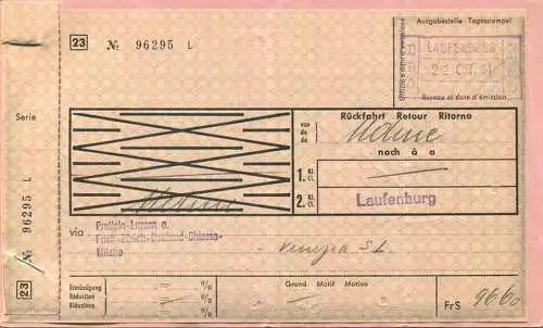 Schweiz - Schweizerische Transportunternehmungen - Laufenburg Udine Laufenburg - Fahrschein 1964