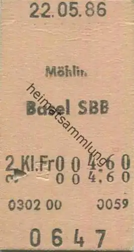 Schweiz - Möhlin Basel SBB - Fahrkarte 1986