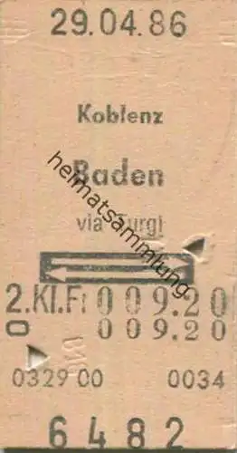 Schweiz - Koblenz Baden via Turgi und zurück - Fahrkarte 1986