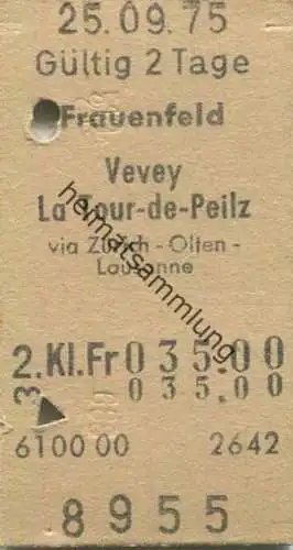 Schweiz - Frauenfeld Vevey La Tour-de-Peilz via Zürich Olten Lausanne - Fahrkarte 1975