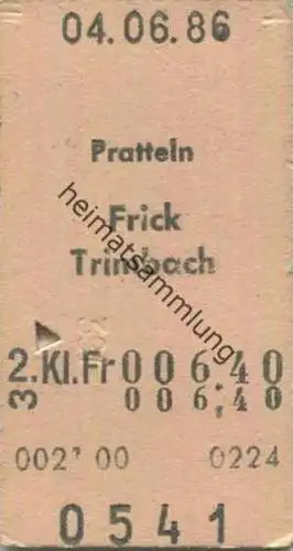 Schweiz - Pratteln Frick Trimbach - Fahrkarte 1986