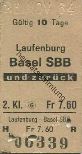 Schweiz - Laufenburg Basel SBB und zurück - Fahrkarte 1964