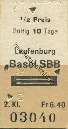 Schweiz - Laufenburg Basel SBB und zurück - Fahrkarte 1977 1/2 Preis