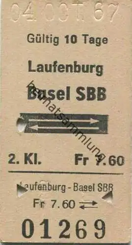 Schweiz - Laufenburg Basel SBB und zurück - Fahrkarte 1967