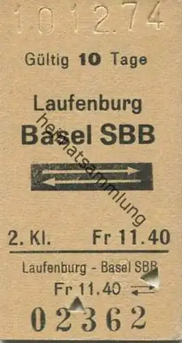 Schweiz - Laufenburg Basel SBB und zurück - Fahrkarte 1974