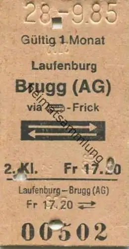 Schweiz - Laufenburg Brugg (AG) via Postauto bis Frick und zurück - Fahrkarte 1985