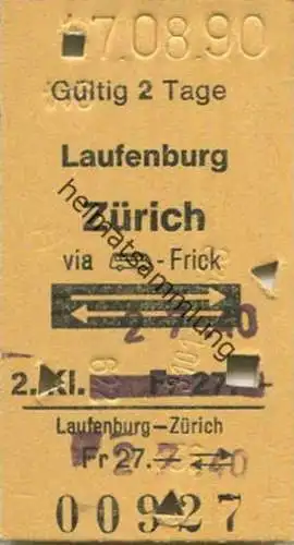 Schweiz - Laufenburg Zürich via Postauto bis Frick - Fahrkarte 1990 Preis-Überdruck
