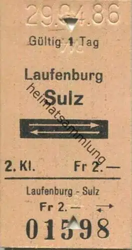 Schweiz - Laufenburg Sulz und zurück - Fahrkarte 1986
